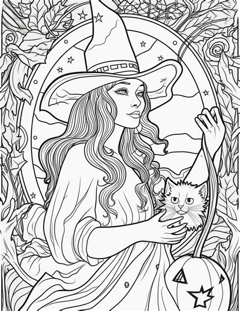 Premium Ai Image A Coloring Page With A Witch And Her Cat Generative Ai