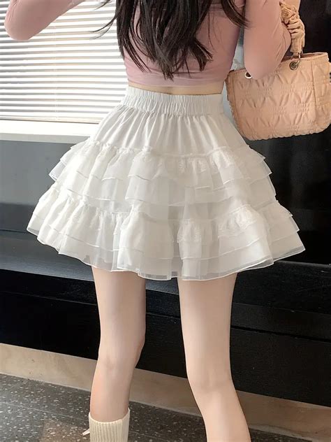 Kawaii Lace Decor Tiered Mini Skirt Elastic Waist Skirt Temu Australia