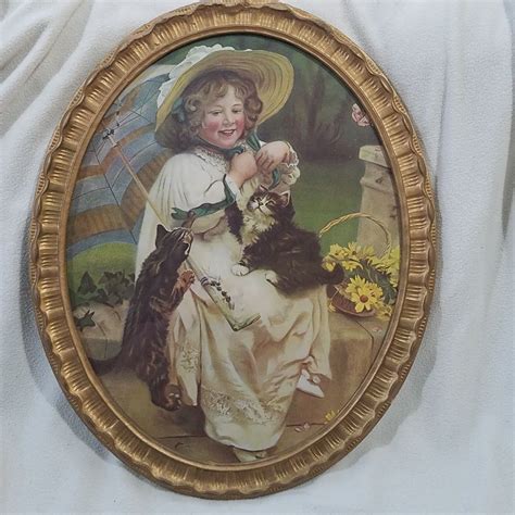 Antique Framed Art John Elsley You Mustn't Pull Girl Kittens Cats ...