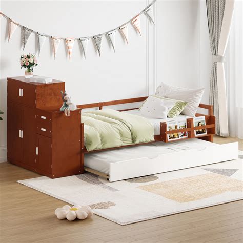 Twin Size Wood Platform Bed With Sample Bookshelf And Movable Wardrobe