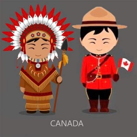 Canadians In National Dress With A Flag Native Canadian And Mountie In