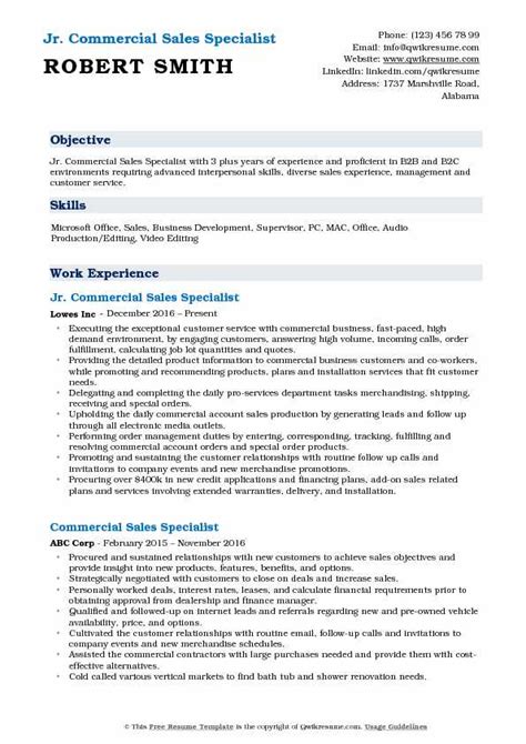 Commercial Sales Specialist Resume Samples Qwikresume