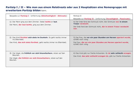 Partizip I und II Umformungsübung Lösung Partizip I II Wie