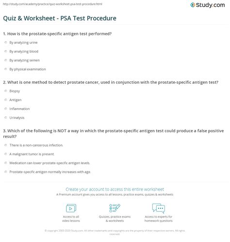 Quiz Worksheet PSA Test Procedure Study