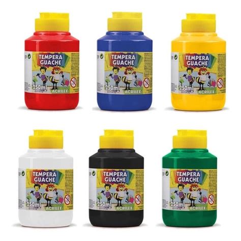 Kit 6 Cores Potes Tinta Tempera Guache 250ml Acrilex Shopee Brasil