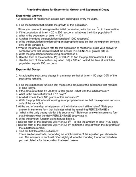 Practice Problems For Exponential Growth And Exponential Decay