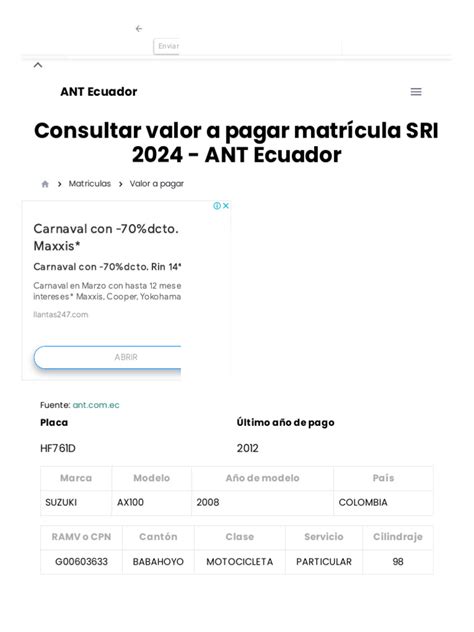 Consultar Valor A Pagar Matrícula Sri 2024 Ant Ecuador Pdf Economias