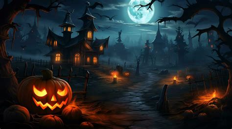 Spooky halloween wallpaper with pumpkin and old house 27807603 Stock ...