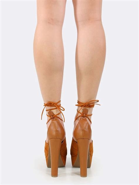 Peep Toe Lace Up Chunky Heels Whisky Shein Sheinside