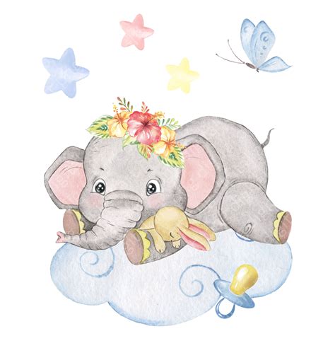 Watercolor Baby Elephant Clipart Elephant Sleeping On A Cloud By