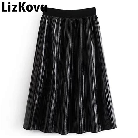 Winter Metal Color Faux Leather Skirt High Waist A Line Black Pleated