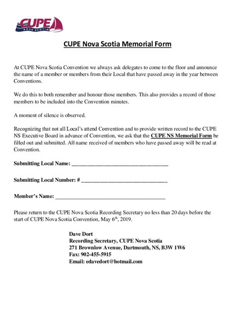 Fillable Online Novascotia Cupe CUPE Nova Scotia Memorial Form Fax