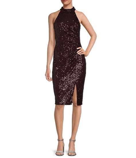 Eliza J Sequin Mock Neck Sleeveless Pleated Side Slit Dress Dillards