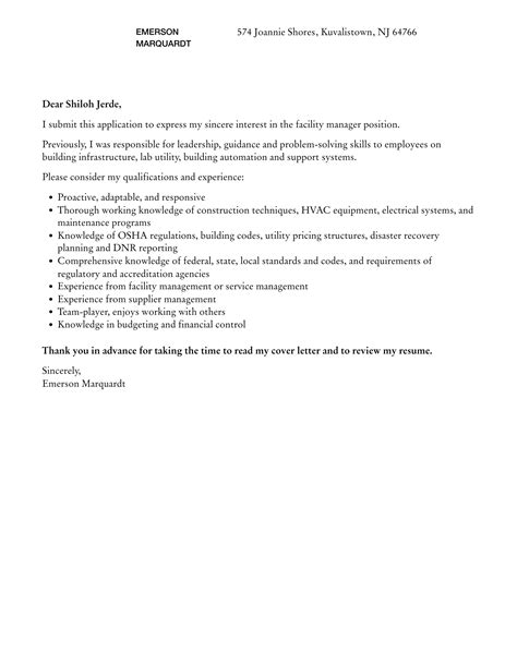 Facility Manager Cover Letter Velvet Jobs