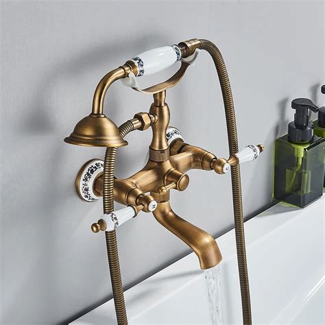 Antique Brass Bathroom Shower Faucet Wall Mount Blue And White