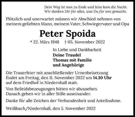 Traueranzeigen Von Peter Spoida Trauerundgedenken De