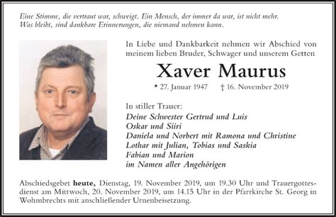 Traueranzeigen Von Xaver Maurus Allg Uer Zeitung