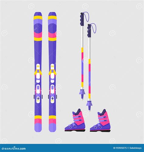 Pairs Of Skis Boots And Poles Flat Style Vector Illustration Stock