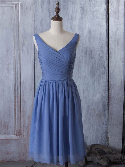 V Neck Coolest Chiffon Knee Length Ruched Bridesmaid Dress Millybridal