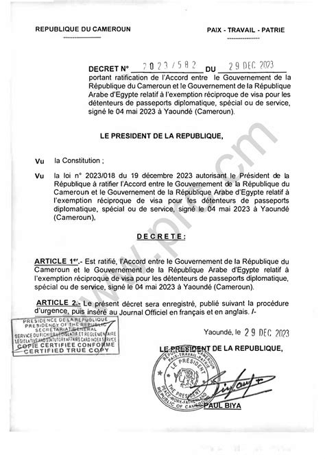 D Cret N Du D Cembre Portant Ratification De Laccord