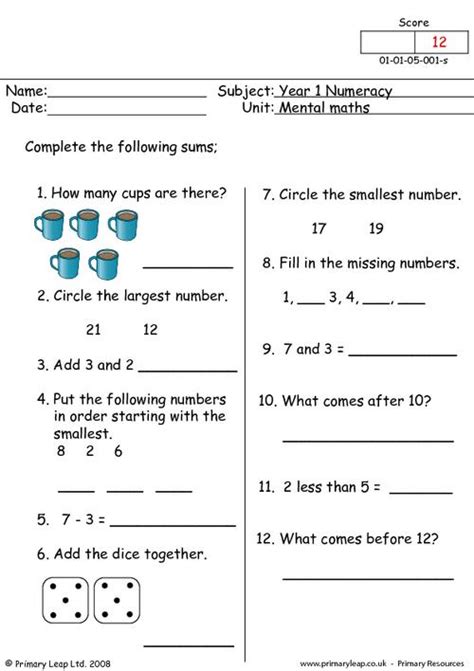 Year 1 Maths Mental Maths 1