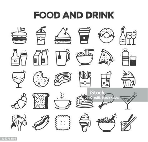 Food And Drink Related Hand Drawn Vector Doodle Icon Set向量圖形及更多食品圖片