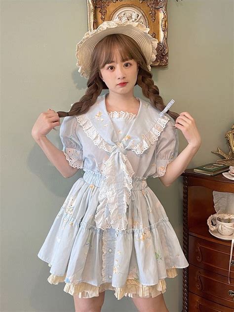 [ 42 97]bunny Print Blue Sailor Collar Top Ruffle Hem Overalls