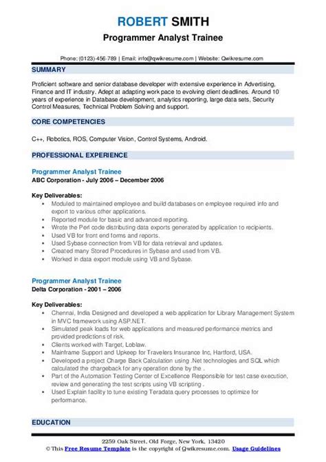 Programmer Analyst Trainee Resume Samples Qwikresume