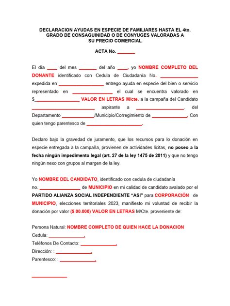 4 Modelo Acta De Donacion En Especie Provenientes De Familiares Version 01 08 2023 Pdf