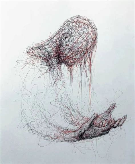 A Drawing Of A Hand Reaching Out To Someone S Face With Red Thread On It