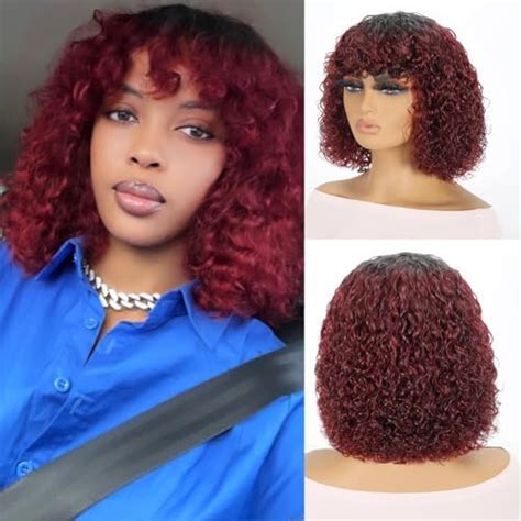 Amazon Wosama B J Curly Bob Wig Human Hair With Bangs Red Short