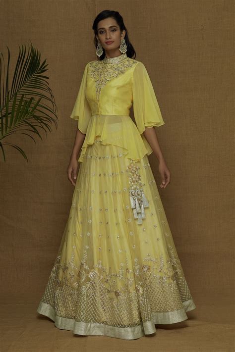 Ariyana Couture Embroidered Lehenga Set Yellow Blouse High Neck