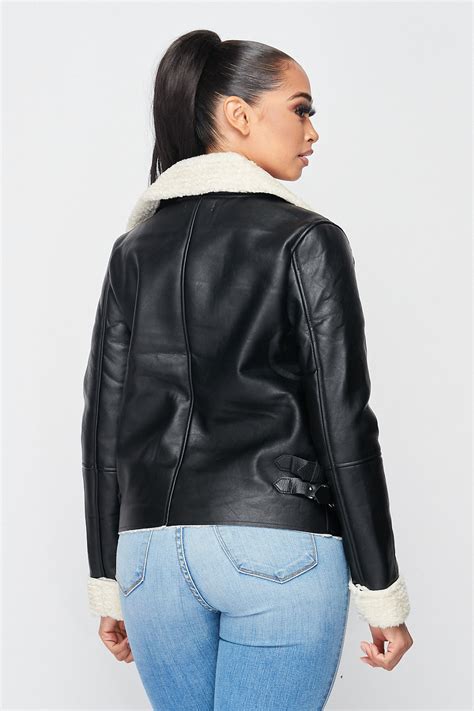 Sherpa Lined Faux Leather Jacket Black