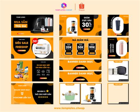 Bộ Templates Gia dụng Shopee Lazada Tone vàng cam Bình Minh Canva