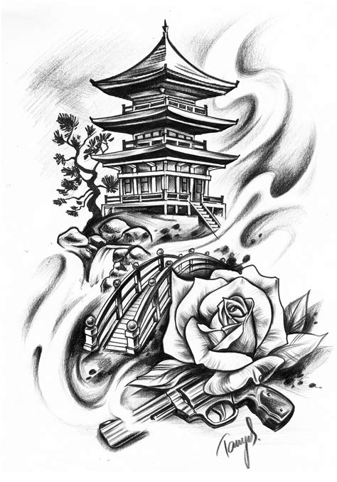 An Ink Drawing Of A Building And Rose