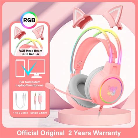 Onikuma K Pink Cat Ear Headphones With Rgb Led Light Flexible Mic