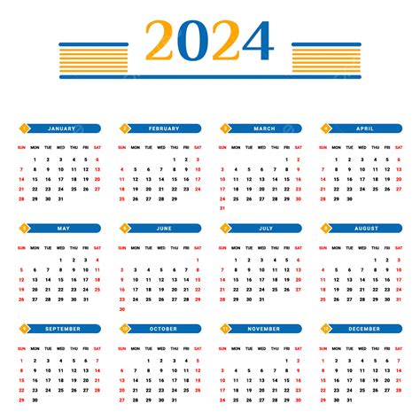 2024 Blue And Yellow Yearly Calendar With Unique Style Vector Calendar