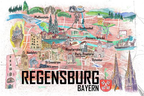 Regensburg Illustrated Favorite Map With Roads And Touristic Highlights