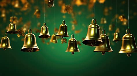 Golden Bells Hang At Varying Angles Against A Deep Green Backdrop The