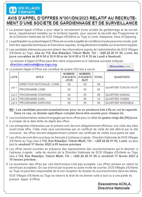 SOS Villages d Enfants Togo recrute une société de gardiennage et de
