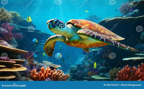 Coral Reef With Wild Sea Turtle And Fish Tropical Ocean Underwater