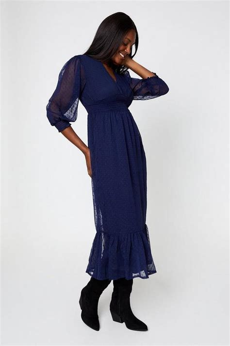 Dresses Navy Dobby Chiffon Shirred Waist Midi Dress Dorothy Perkins