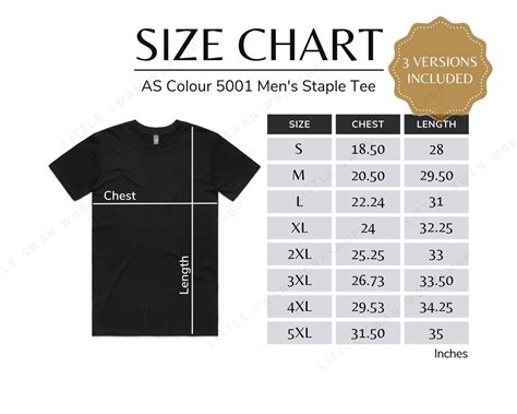 As Colour 5001 Size Chart Mens Staple Tee Sizing Table 3 Versions