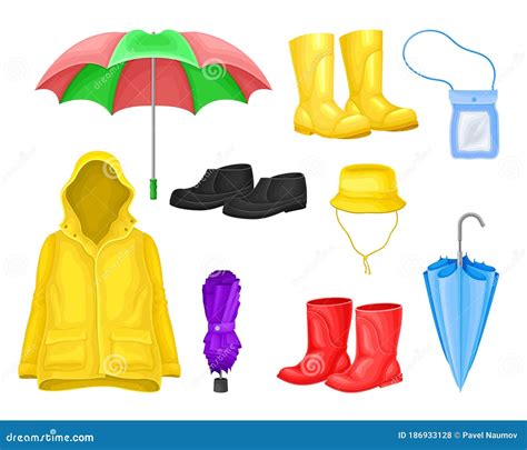 Waterproof Clothes and Things for Rainy Weather Condition with Yellow Raincoat and Rubber Boots ...