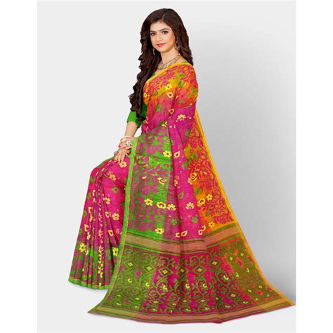 Buy Authentic Pink Jamdani Saree With Green Border