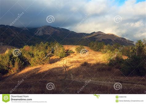 Dramatic Mountain Autumn Landscape At Sunset Low Clouds Stock Image