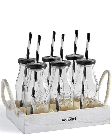 Vonshef Set Of 6 Glass Milk Bottles With Stand The Bottle Club