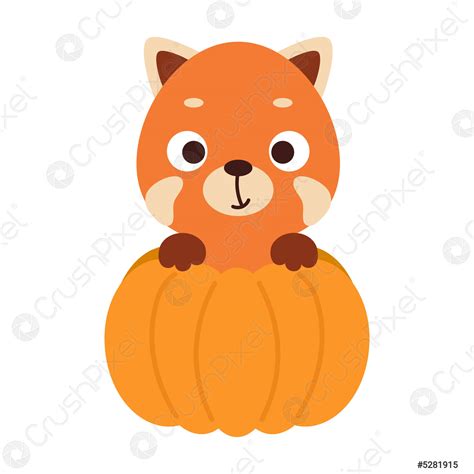 Cute little red panda sitting in a pumpkin Cartoon animal - stock