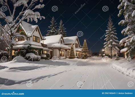 Christmas Background. a Snowy Street with a Lot of Christmas Trees and ...