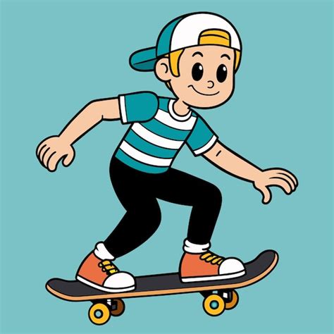 Um desenho de desenho animado de um menino em um skate um chapéu